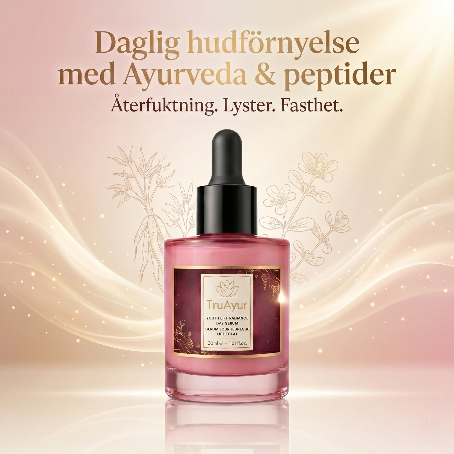 8-örter Ayurvediskt strålande dagserum med Syn-Ake-peptid för djup återfuktning, lyster hela dagen och synlig uppstramning