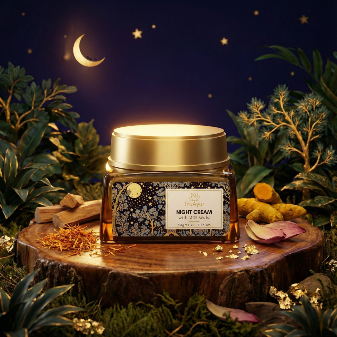 24K guld ayurvedisk anti-aging nattkräm med bakuchiolja, saffran och gurkmeja