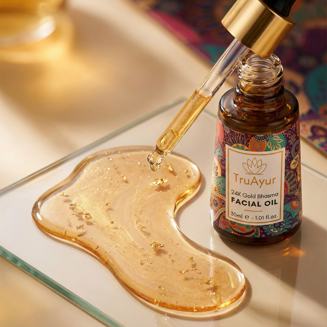 24K guld ayurvedisk ansiktsolja för djupt återfuktad, silkeslen och strålande hud