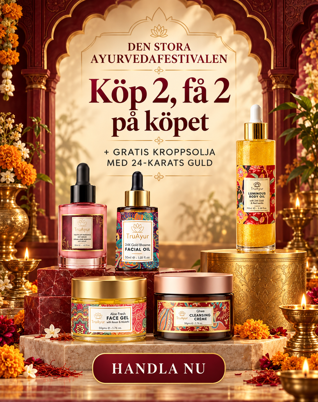 Köp 2, få 2 på köpet: gäller enskilda produkter från TruAyur + gratis kroppsolja med 24K guld