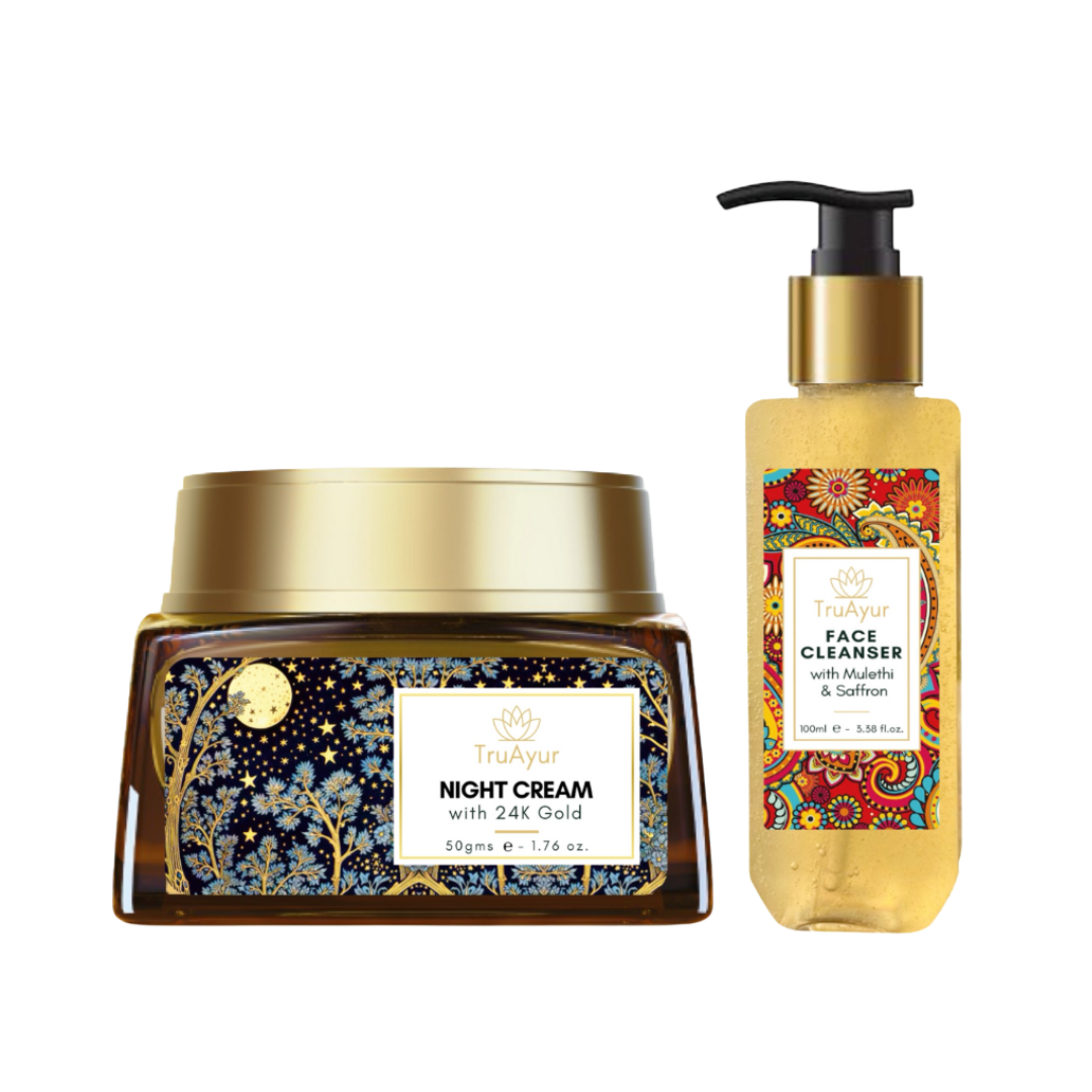 Saffron Glow nattritual (nattkräm och ansiktsrengöring med 24 karats guld)