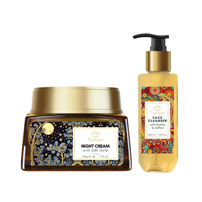 Saffron Glow nattritual (nattkräm och ansiktsrengöring med 24 karats guld)