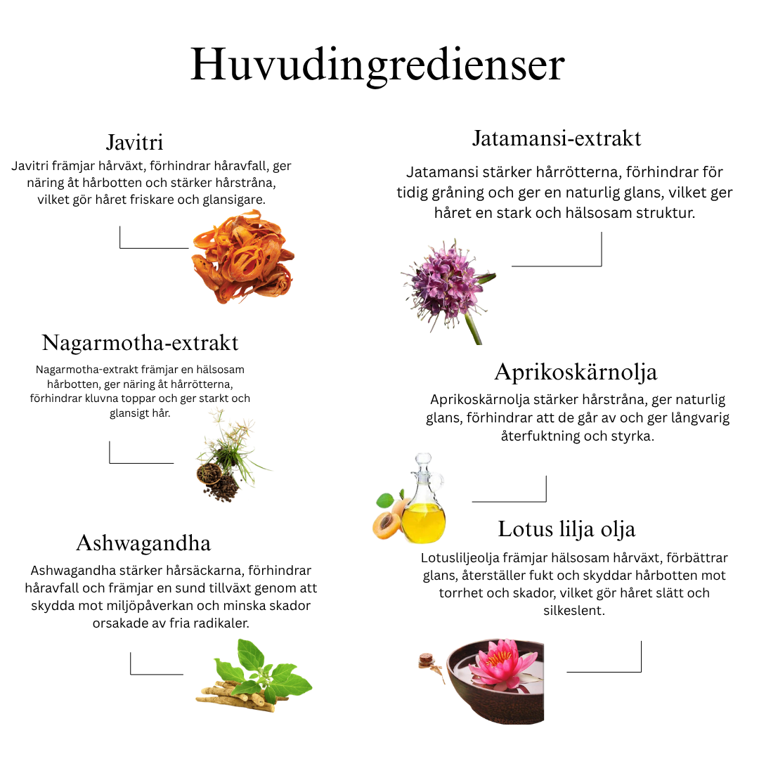 Ayurvedisk hårserumolja med 11 örter för starkare hår, tämjt friss och strålande glans