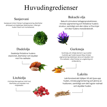 Ayurvedisk anti-aging nattolja för ansiktet med bakuchiolja, dadlar och litchi
