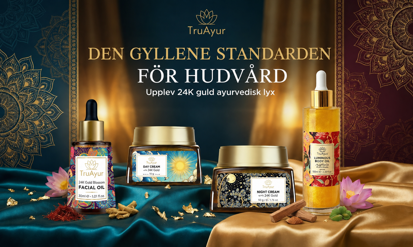 TruAyur skincare products with decorative elements on a dark background