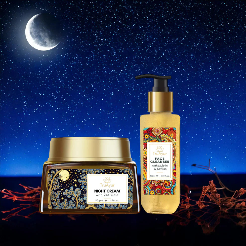 Saffron Glow nattritual (nattkräm och ansiktsrengöring med 24 karats guld)