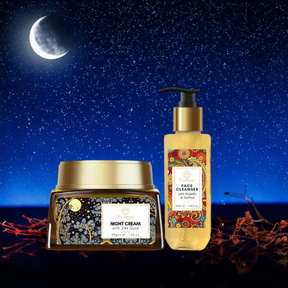 Saffron Glow nattritual (nattkräm och ansiktsrengöring med 24 karats guld)
