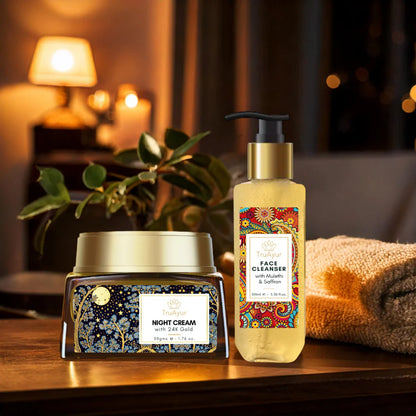 Saffron Glow nattritual (nattkräm och ansiktsrengöring med 24 karats guld)