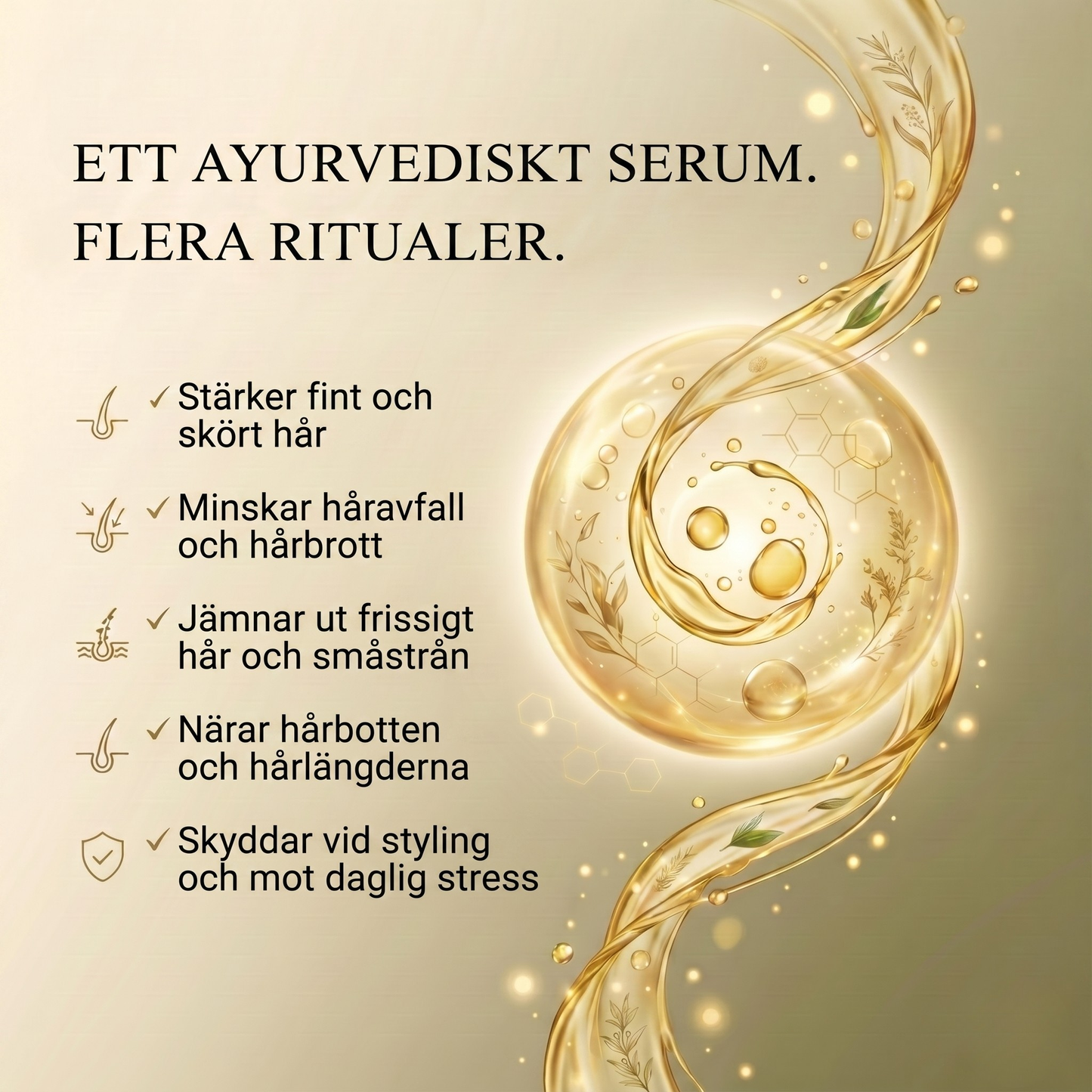 Ayurvedisk hårserumolja med 11 örter för starkare hår, tämjt friss och strålande glans
