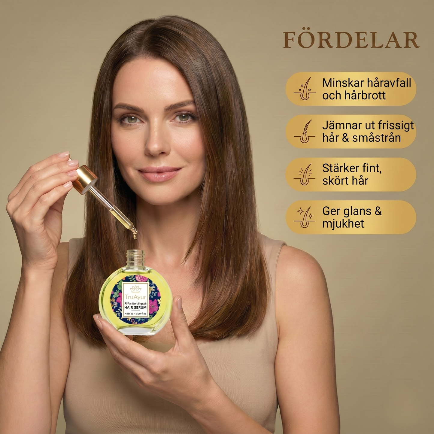 Ayurvedisk hårserumolja med 11 örter för starkare hår, tämjt friss och strålande glans