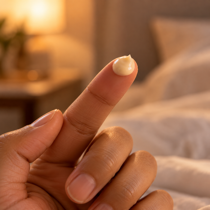 En ärtstor mängd nattkräm på en fingertopp